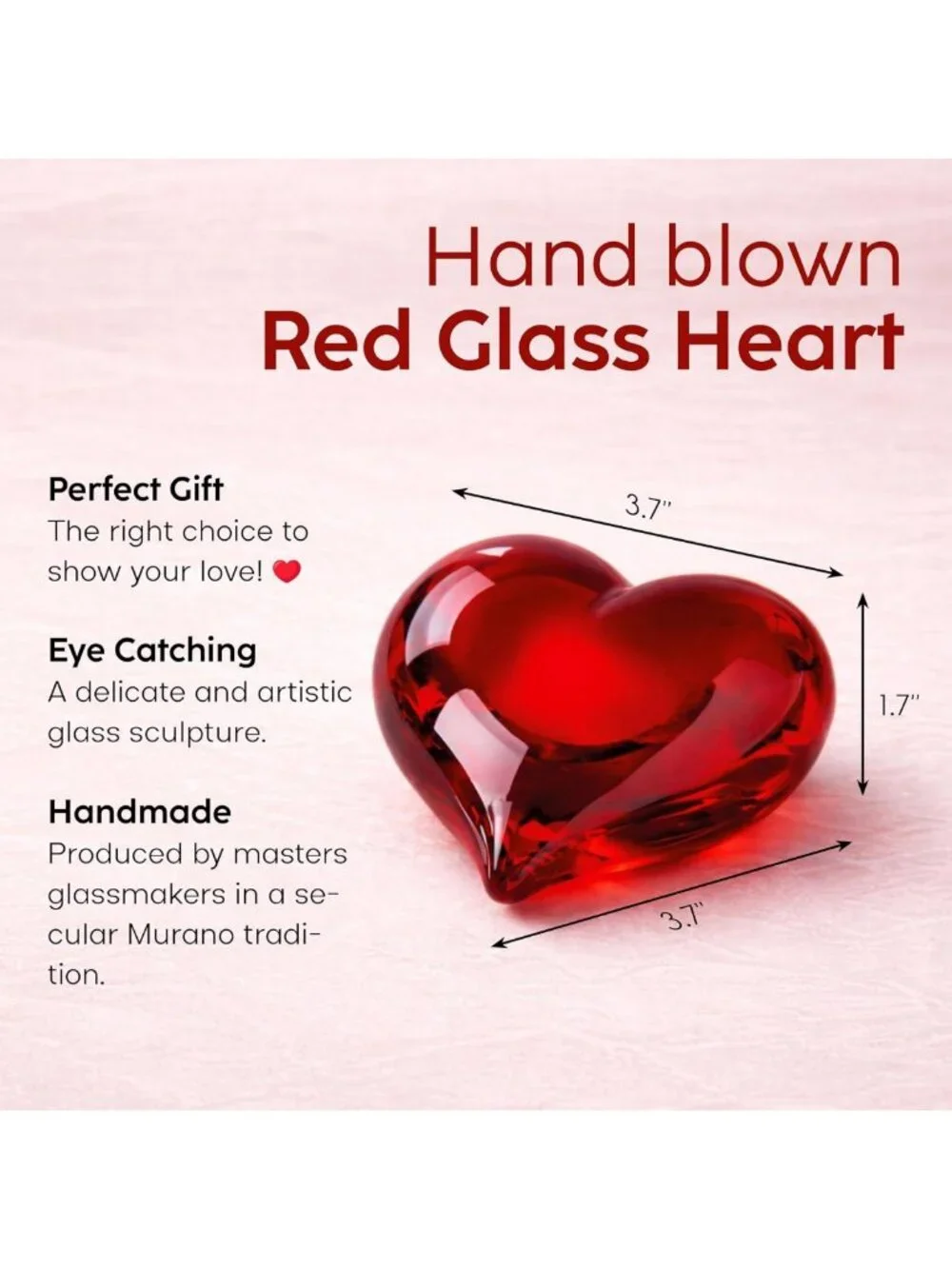 Hand Blown Murano Style Red Heart Paperweight - Art Glass Keepsake for